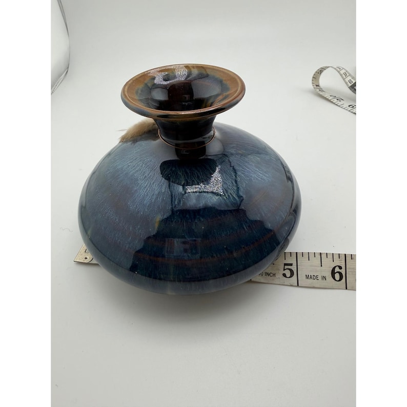 Studio Pottery Blue Drip Glaze Round Vase Feather Accent Signed 5 Inch image 8