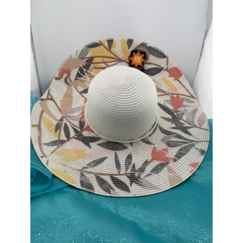 Lucky 7 USA Womens Cream Wide Brim Straw Sun Hat Floral UV Protection image 1