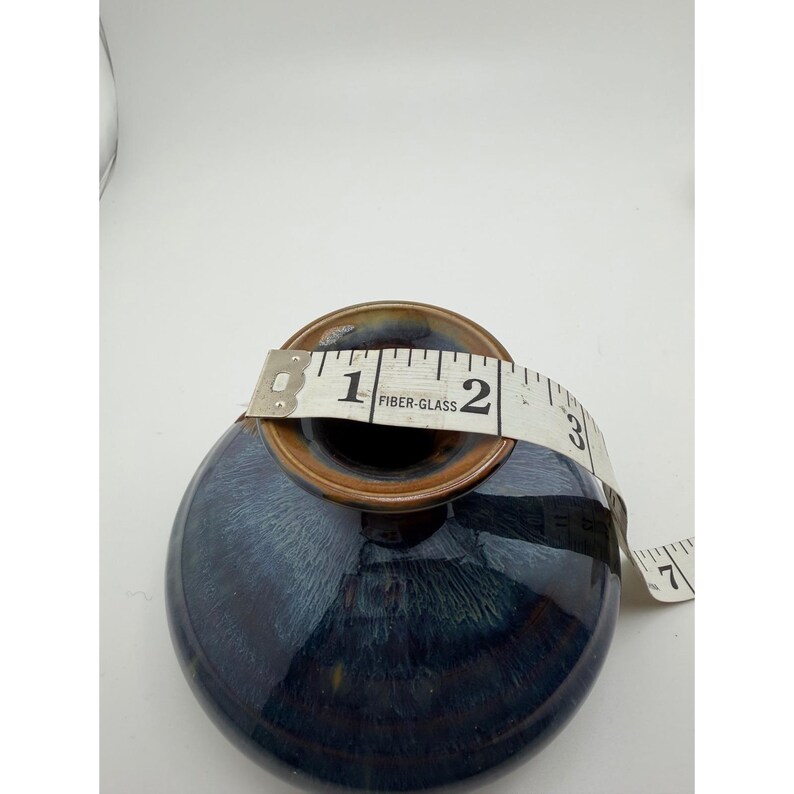 Studio Pottery Blue Drip Glaze Round Vase Feather Accent Signed 5 Inch image 9