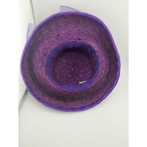 Vintage Purple Straw Cloche Hat Satin Bow Tulle Flower Tea Party Church image 3