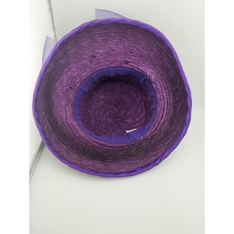 Vintage Purple Straw Cloche Hat Satin Bow Tulle Flower Tea Party Church image 3
