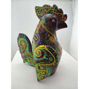 Hand Painted Wood Rooster Figurine Colorful Alebrije Style Folk Art Sculpture image 1