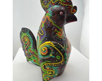 Hand Painted Wood Rooster Figurine Colorful Alebrije Style Folk Art Sculpture