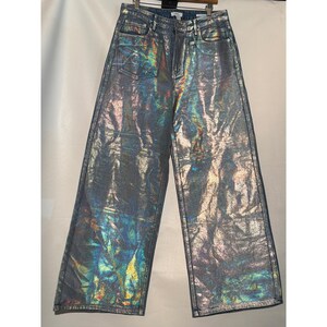 Women's Holographic Wide Leg Jeans 29 High Rise Iridescent Blue Gold Metallic image 2
