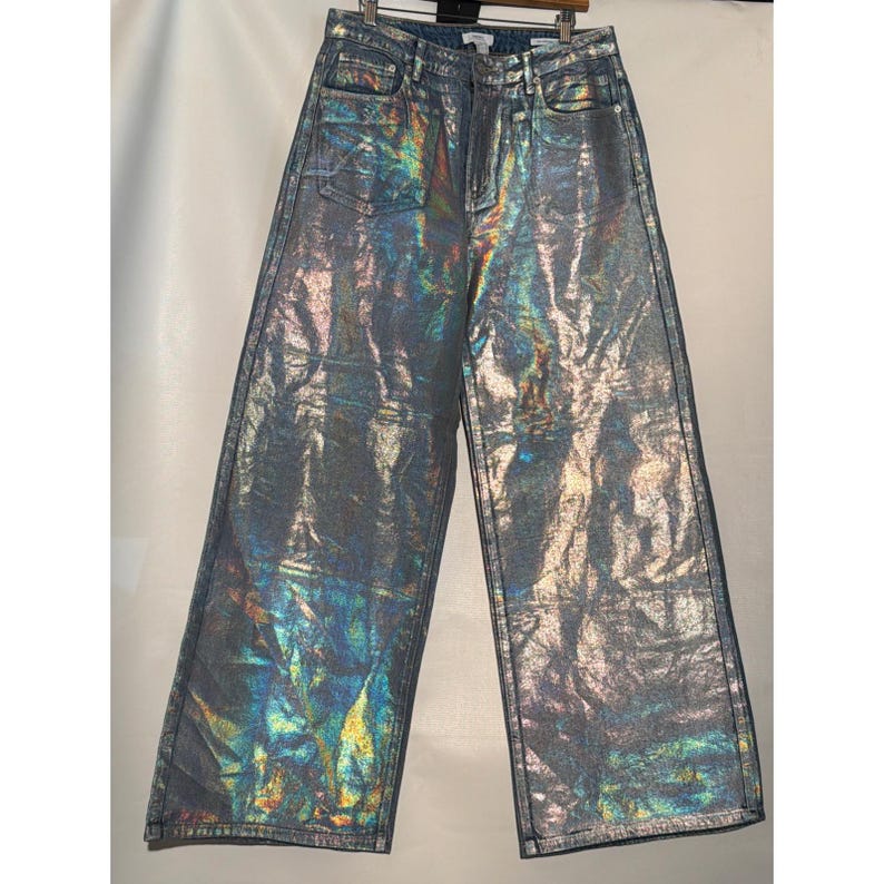 Women's Holographic Wide Leg Jeans 29 High Rise Iridescent Blue Gold Metallic image 2