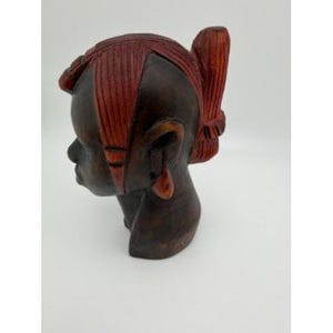 Vintage African Hand Carved Wood Bust Woman Braided Hair Dark Wood 6 Inch image 2