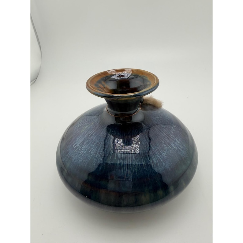 Studio Pottery Blue Drip Glaze Round Vase Feather Accent Signed 5 Inch image 3