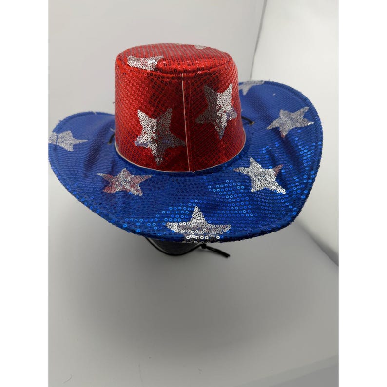 Sombrero de vaquero patriótico con lentejuelas y estrellas rojas, blancas y azules, accesorio para disfraz del 4 de julio. imagen 1