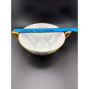 Vintage Signed Harrington Lusterware Bowl Blue Grapes Gold Handles Iridescent image 5