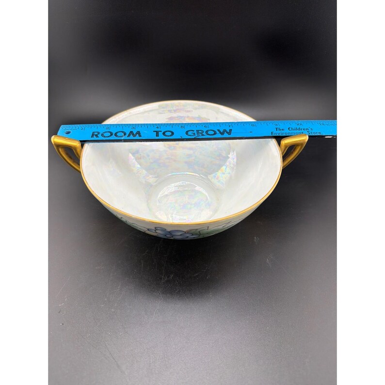 Vintage Signed Harrington Lusterware Bowl Blue Grapes Gold Handles Iridescent image 5