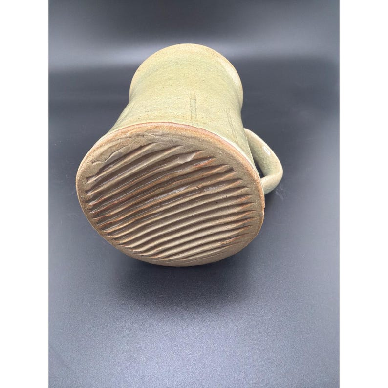 Handmade Studio Pottery Mug Sage Green Crackle Glaze Thumb Rest Signed image 5
