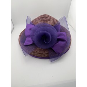 Vintage Purple Straw Cloche Hat Satin Bow Tulle Flower Tea Party Church image 1