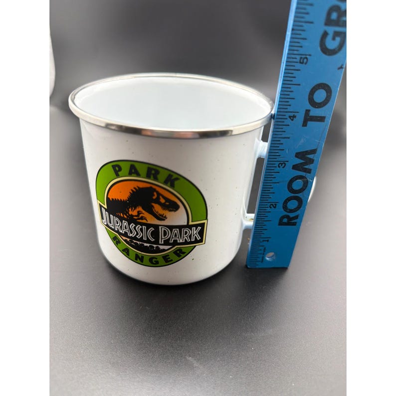 Jurassic Park Ranger Enamel Campfire Mug White Tin Coffee Cup T-Rex Logo image 5