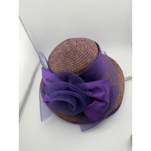 Vintage Purple Straw Cloche Hat Satin Bow Tulle Flower Tea Party Church image 7