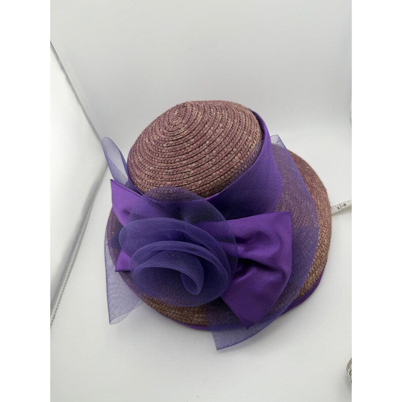 Vintage Purple Straw Cloche Hat Satin Bow Tulle Flower Tea Party Church image 7