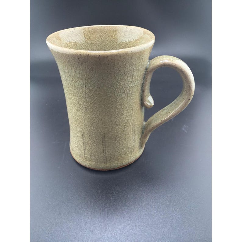 Handmade Studio Pottery Mug Sage Green Crackle Glaze Thumb Rest Signed image 4