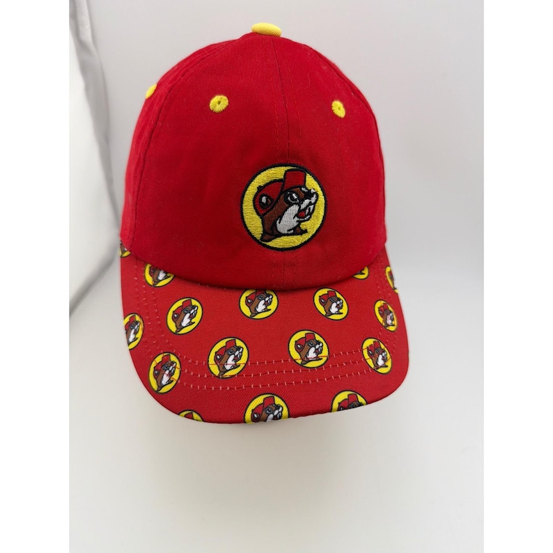 Buc-ee's Youth Red Baseball Cap Beaver Logo UPF 50 Print Brim Elastic image 1