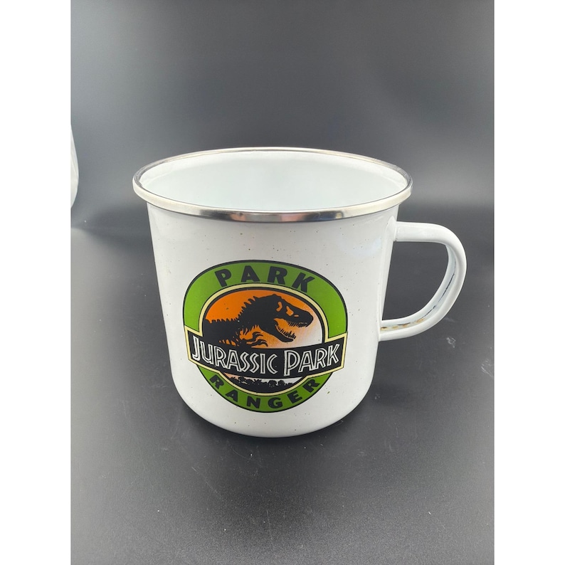 Jurassic Park Ranger Enamel Campfire Mug White Tin Coffee Cup T-Rex Logo image 1