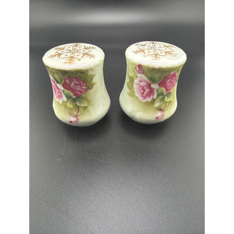 Salero y pimentero vintage Lefton Japan Rose Chintz 665R Rosas Rosas Oro imagen 1