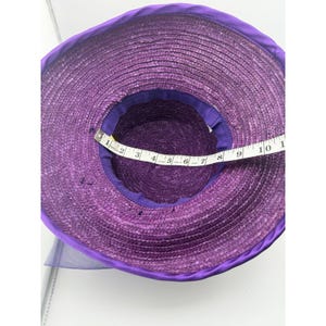 Vintage Purple Straw Cloche Hat Satin Bow Tulle Flower Tea Party Church image 5