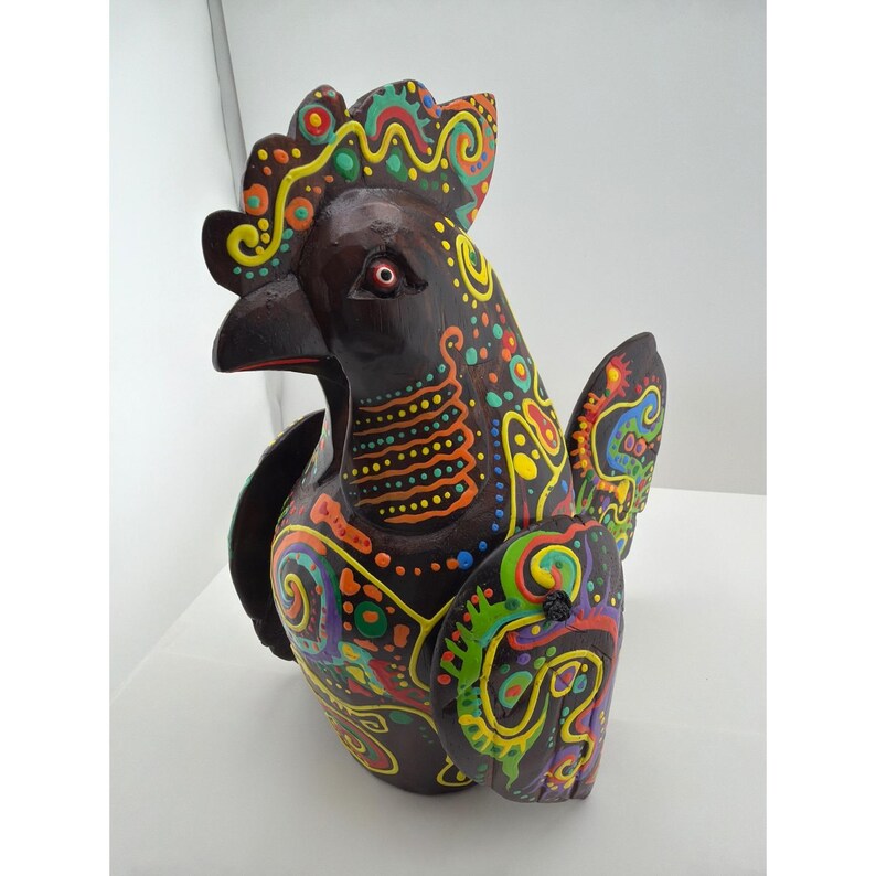 Hand Painted Wood Rooster Figurine Colorful Alebrije Style Folk Art Sculpture image 3