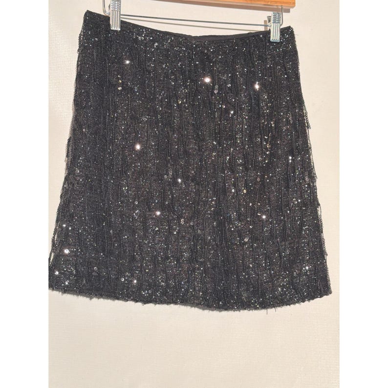 Black Textured Sequin Mini Skirt Metallic Shimmer A-Line Party Size 2 Petite image 2