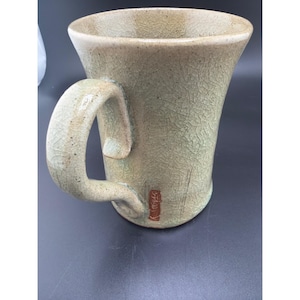 Handmade Studio Pottery Mug Sage Green Crackle Glaze Thumb Rest Signed image 1