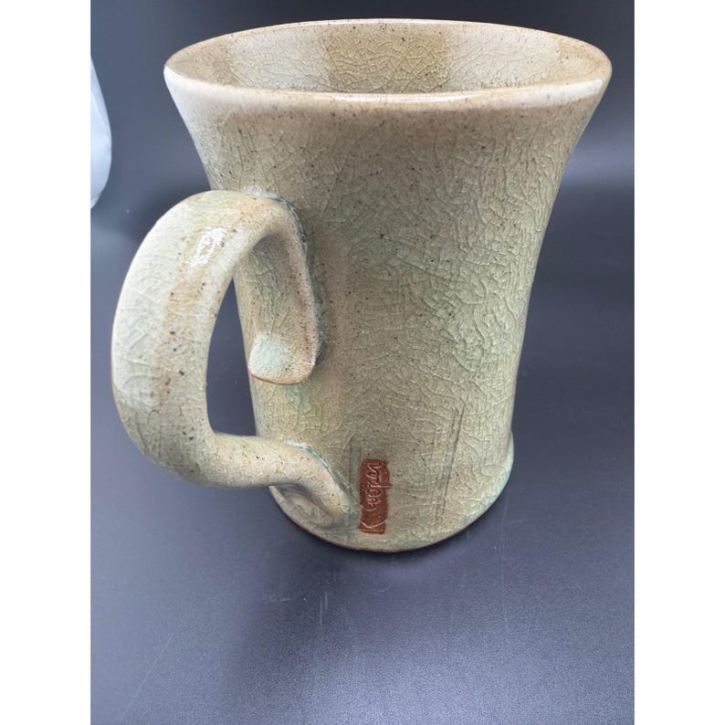 Handmade Studio Pottery Mug Sage Green Crackle Glaze Thumb Rest Signed image 1