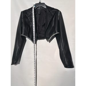 Forever 21 Faux Leather Cropped Jacket S Black Rhinestone Trim Open Front image 2
