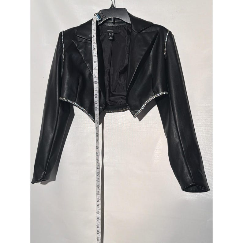 Forever 21 Faux Leather Cropped Jacket S Black Rhinestone Trim Open Front image 2