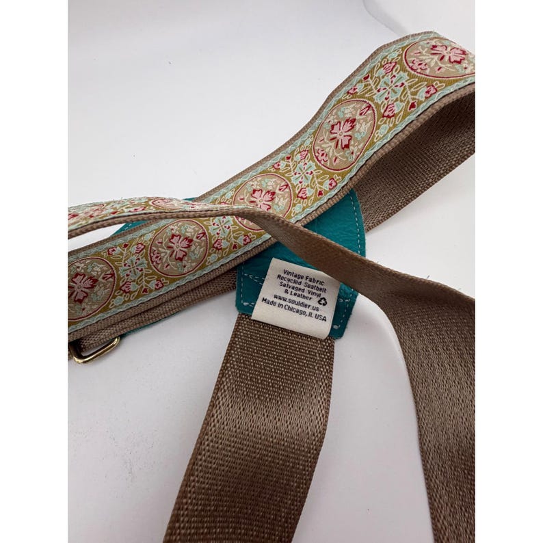 Souldier Custom Guitar Strap Vintage Fabric Recycled Seatbelt Teal Leather Ends image 4