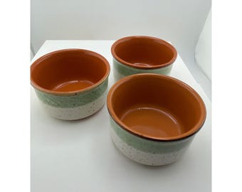 Set of 3 Stoneware Ramekins Terracotta Green Speckled Cream Ceramic Small Bowls