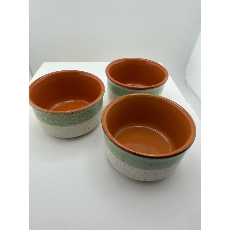 Set of 3 Stoneware Ramekins Terracotta Green Speckled Cream Ceramic Small Bowls image 1