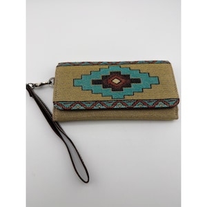 Southwestern Tapestry Wristlet Wallet Aztec Turquoise Tan Clutch image 1