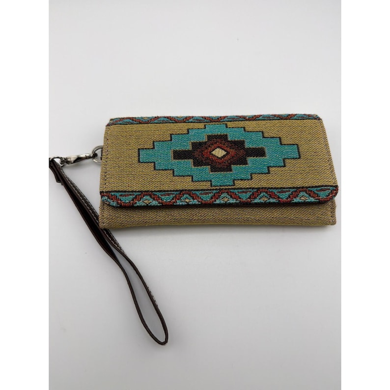 Southwestern Tapestry Wristlet Wallet Aztec Turquoise Tan Clutch image 1