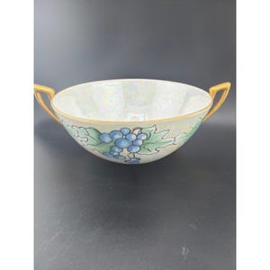 Vintage Signed Harrington Lusterware Bowl Blue Grapes Gold Handles Iridescent image 2