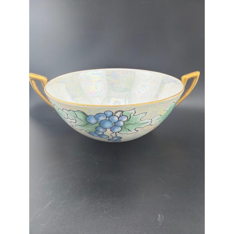 Vintage Signed Harrington Lusterware Bowl Blue Grapes Gold Handles Iridescent image 2