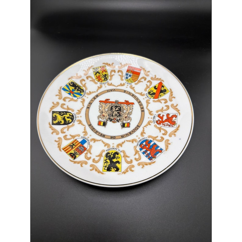 Vintage Belgium Souvenir Plate Heraldic Crests Coat of Arms Gold Rim 8.25 Inch image 2