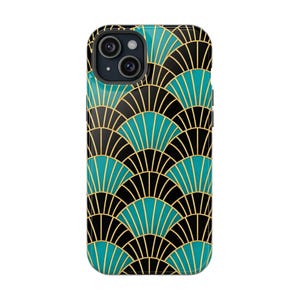Neo Deco Fan Pattern Phone Case MagSafe Teal Gold Glam