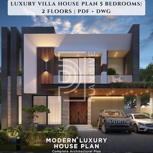 Pode incluir: Um plano de casa de luxo moderna com cinco quartos e dois andares. A representação arquitetônica mostra um design contemporâneo com um exterior cinza escuro, janelas grandes e uma garagem coberta. O texto na parte superior diz "LUXURY VILLA HOUSE PLAN 5 BEDROOMS | 2 FLOORS | PDF + DWG".