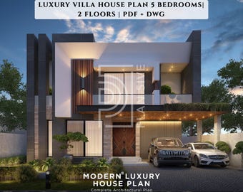 Luxury 5 Bedroom Villa House Plan | 2 Story Modern Home | Complete Architectural PDF + DWG