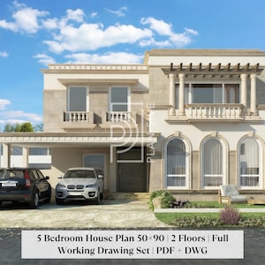 Könnte beinhalten: Ein zweistöckiges beiges Haus mit einer hellgrauen Steinfassade, gewölbten Fenstern und einem Balkon. Zwei Autos parken vor dem Haus. Der Text unten lautet: "5 Bedroom House Plan 50x90 | 2 Floors | Full Working Drawing Set | PDF + DWG."