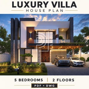 Könnte beinhalten: Ein zweistöckiger Luxusvillen-Hausplan mit modernem architektonischem Design, dunkelgrauen und weißen Außenwänden, Holzakzenten, einem überdachten Carport mit zwei Autos und dem Text LUXURY VILLA HOUSE PLAN, 5 BEDROOMS, 2 FLOORS, PDF + DWG.