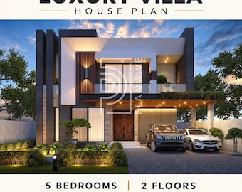 Op de afbeelding: Een luxe villa huisplan met twee verdiepingen, modern architectonisch ontwerp, donkergrijze en witte buitenmuren, houten accenten, een overdekte carport met twee auto's en tekst: LUXURY VILLA HOUSE PLAN, 5 BEDROOMS, 2 FLOORS, PDF + DWG.