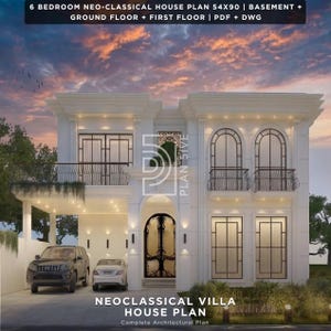 Pode incluir: Representação arquitetônica detalhada de uma vila neoclássica. A fachada branca apresenta janelas arqueadas, varandas de ferro forjado e uma entrada grandiosa. O plano inclui uma cave, rés-do-chão e primeiro andar. O texto na imagem diz: "6 Bedroom Neo-Classical House Plan 54x90".