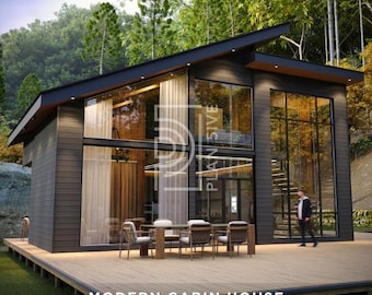 Modern huisje met 1 slaapkamer en loft | Pdf en CAD