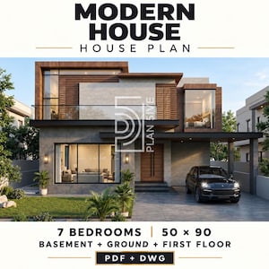 Könnte beinhalten: Ein zweistöckiger moderner Hausplan mit Flachdach, Holzlatten-Akzenten, großen Glasfenstern und einem Carport mit einem schwarzen SUV. Der Text lautet MODERN HOUSE HOUSE PLAN, PLAN 5IVE, 7 BEDROOMS, 50 x 90, BASEMENT + GROUND + FIRST FLOOR, PDF + DWG.