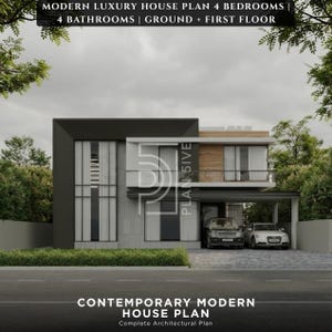 Könnte beinhalten: Eine moderne Hausplan-Rendering mit einem zeitgenössischen Design. Das Bild zeigt ein zweistöckiges Haus mit einer dunkelgrauen Fassade und einem weißen und holzgetäfelten Abschnitt. Der Text oben lautet "MODERN LUXURY HOUSE PLAN 4 BEDROOMS | 4 BATHROOMS | GROUND + FIRST FLOOR". Der Text unten lautet "CONTEMPORARY MODERN HOUSE PLAN Complete Architectural Plan".