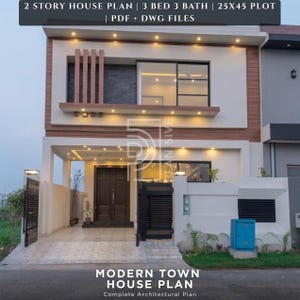 Könnte beinhalten: Ein moderner zweistöckiger Hausplan mit 3 Schlafzimmern und 3 Bädern auf einem 25x45 Grundstück. Das Bild zeigt die Außenansicht des Hauses mit einer weißen und braunen Fassade, großen Fenstern und einer Einfahrt. Der Text auf dem Bild lautet "MODERN TOWN HOUSE PLAN".