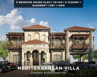 Plattegrond huis met 9 slaapkamers 75 x 120 | Kelder + 2 verdiepingen | Volledige architecturale tekenset | PDF + DWG